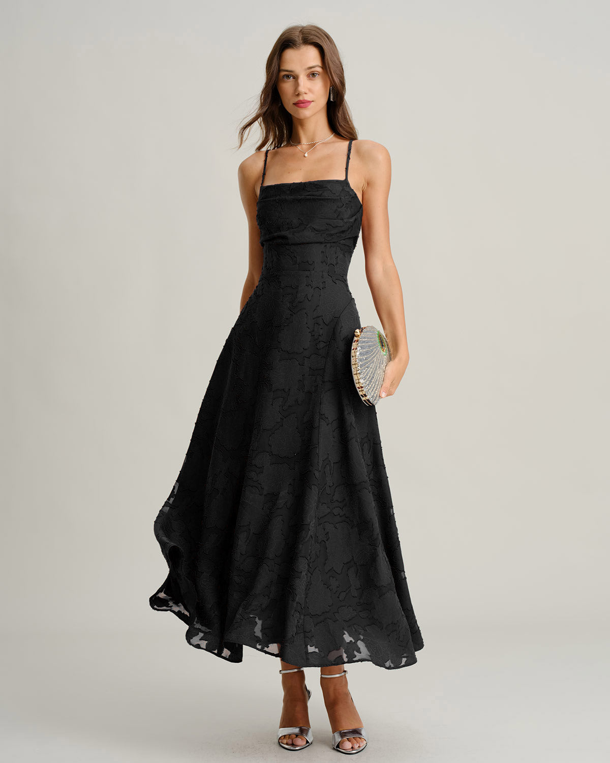 Black Jacquard Slip Maxi Dress | Rihoas