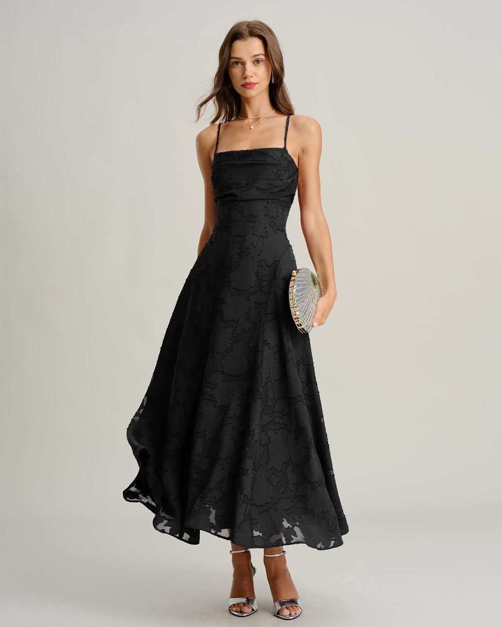 Black Jacquard Slip Maxi Dress | Rihoas