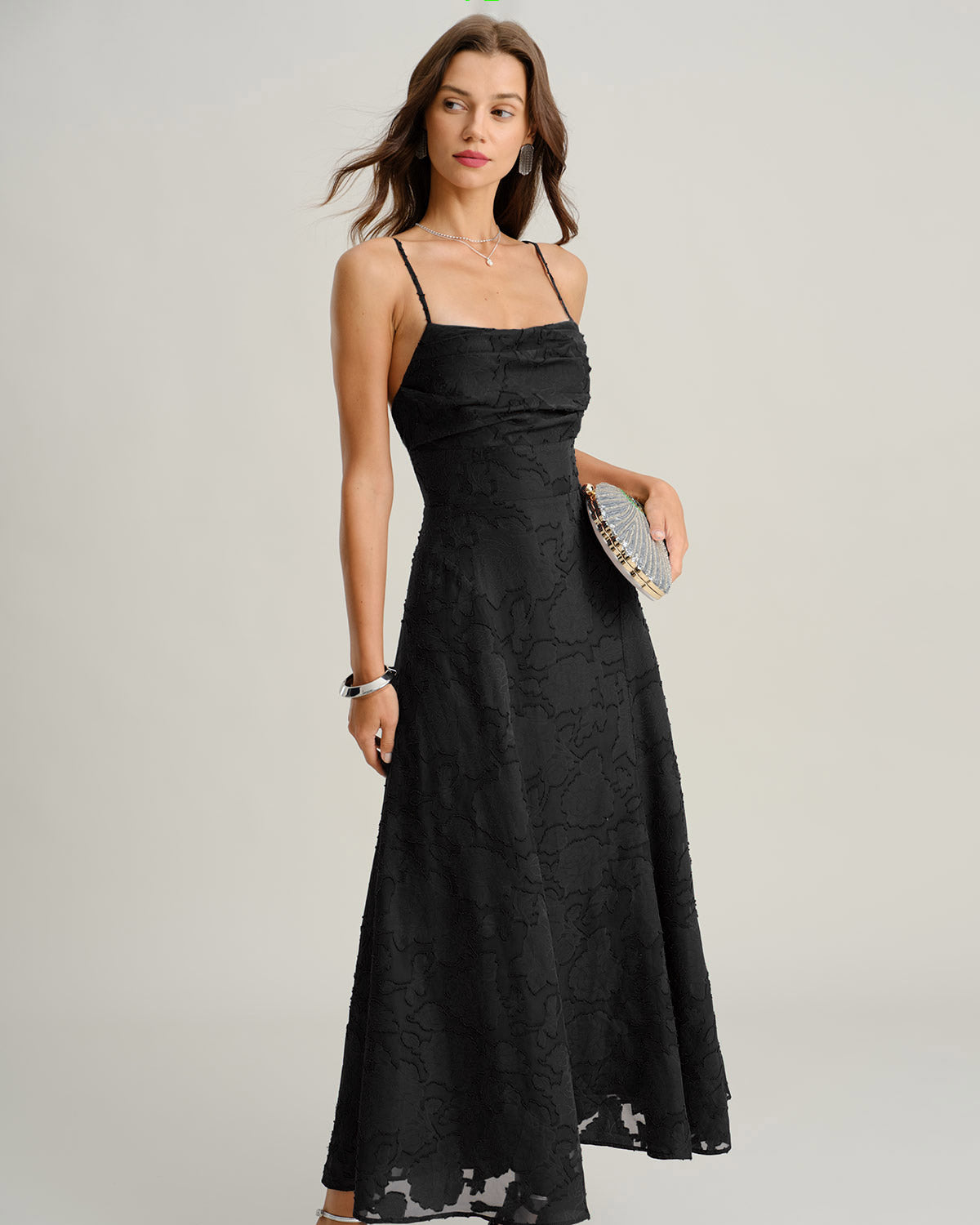 Black Jacquard Slip Maxi Dress | Rihoas