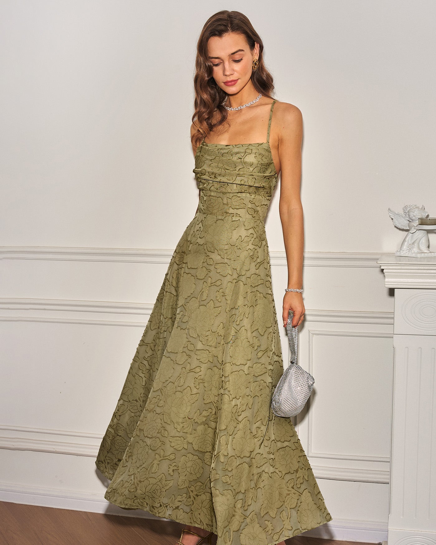 Green X Cross Jacquard Slip Maxi Dress | Rihoas