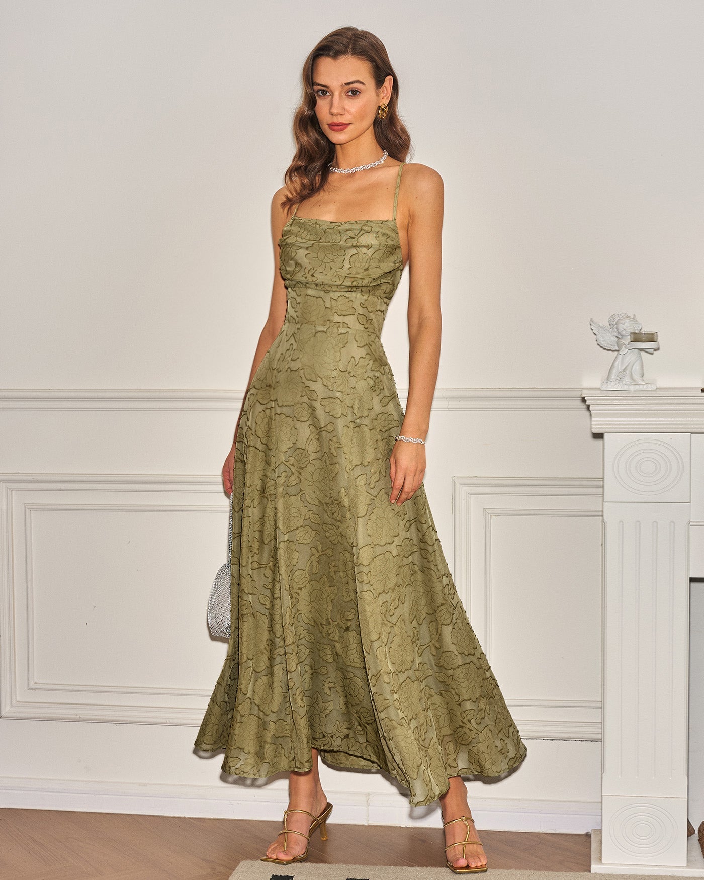 Green X Cross Jacquard Slip Maxi Dress | Rihoas