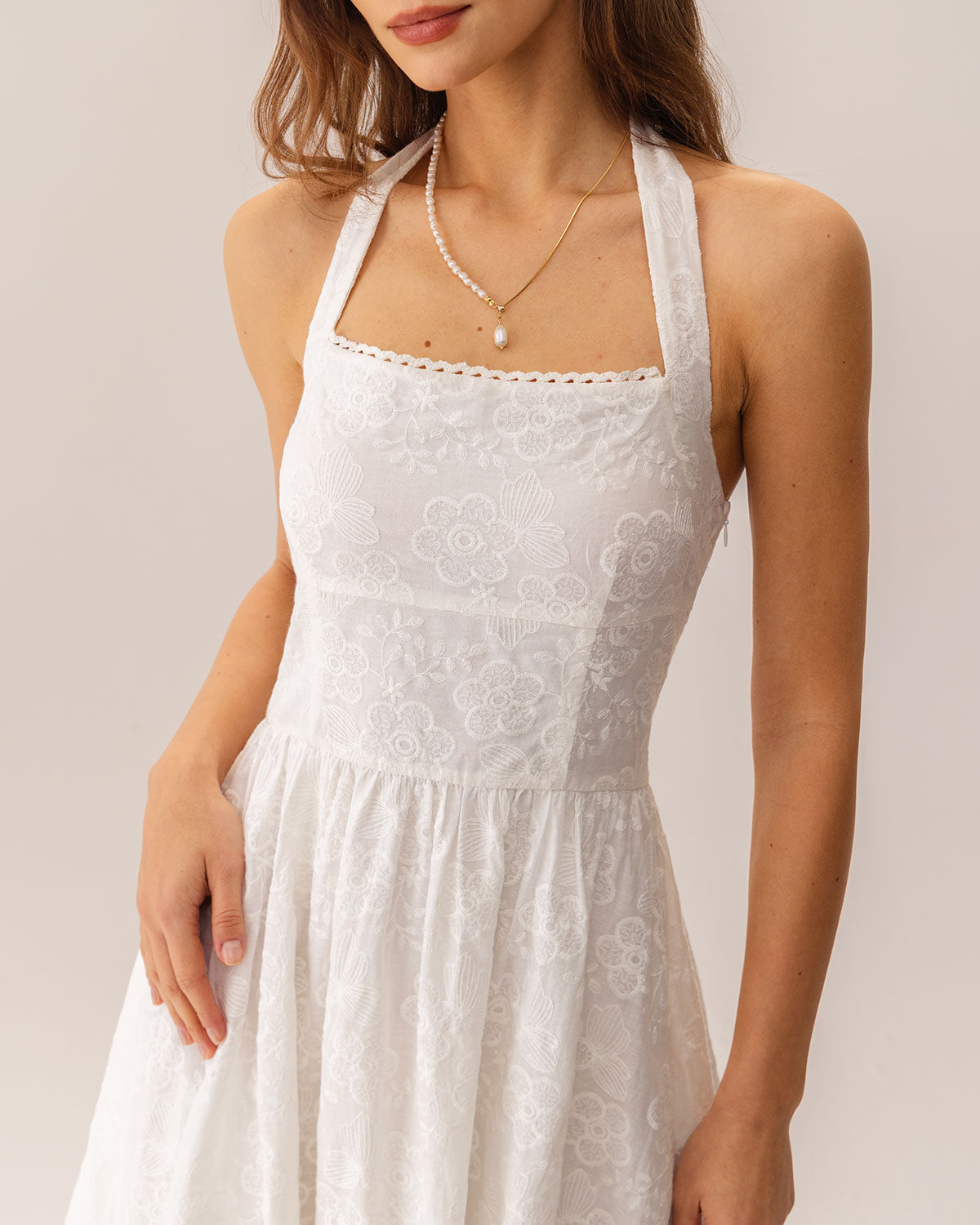 White Embroidery Halter Midi Dress | Rihoas