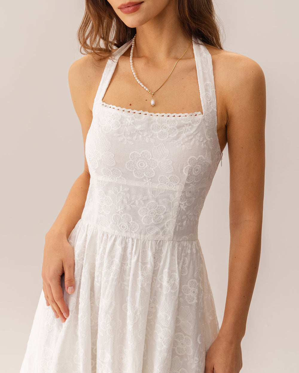 White Embroidery Halter Midi Dress | Rihoas