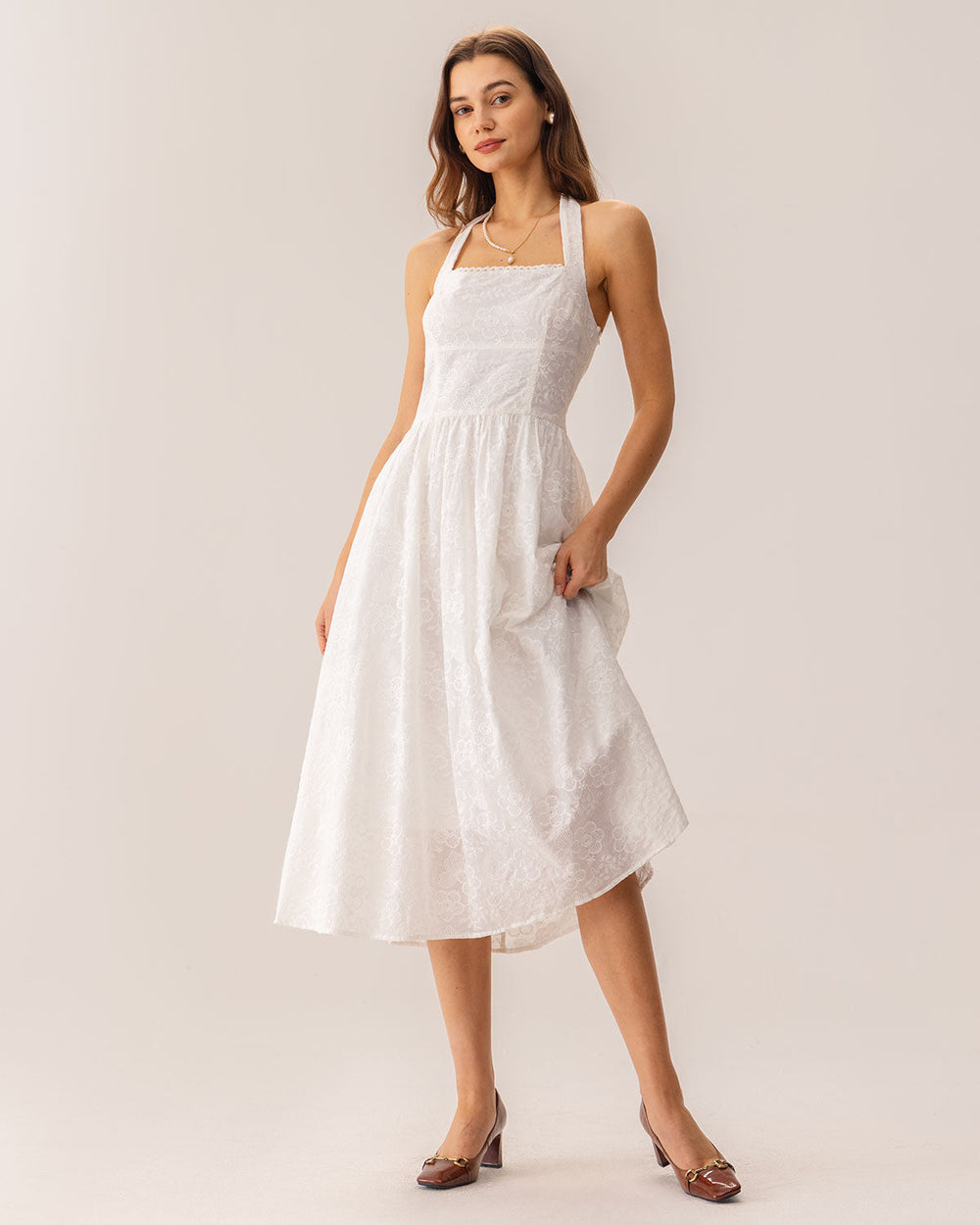 White Embroidery Halter Midi Dress | Rihoas
