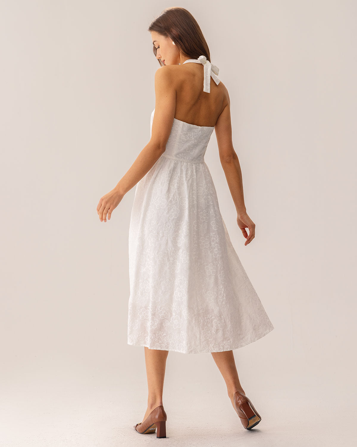 White Embroidery Halter Midi Dress | Rihoas