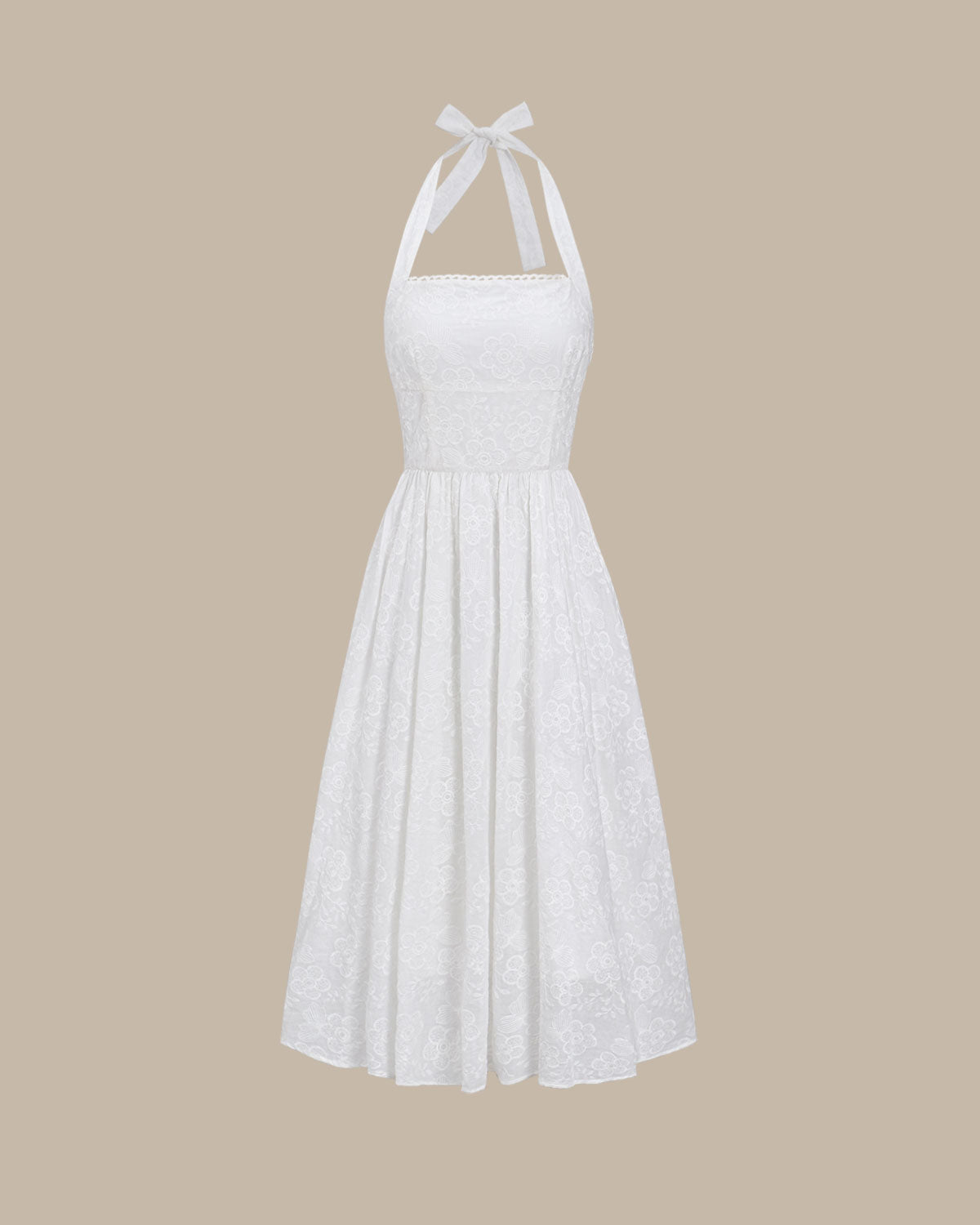White Embroidery Halter Midi Dress | Rihoas