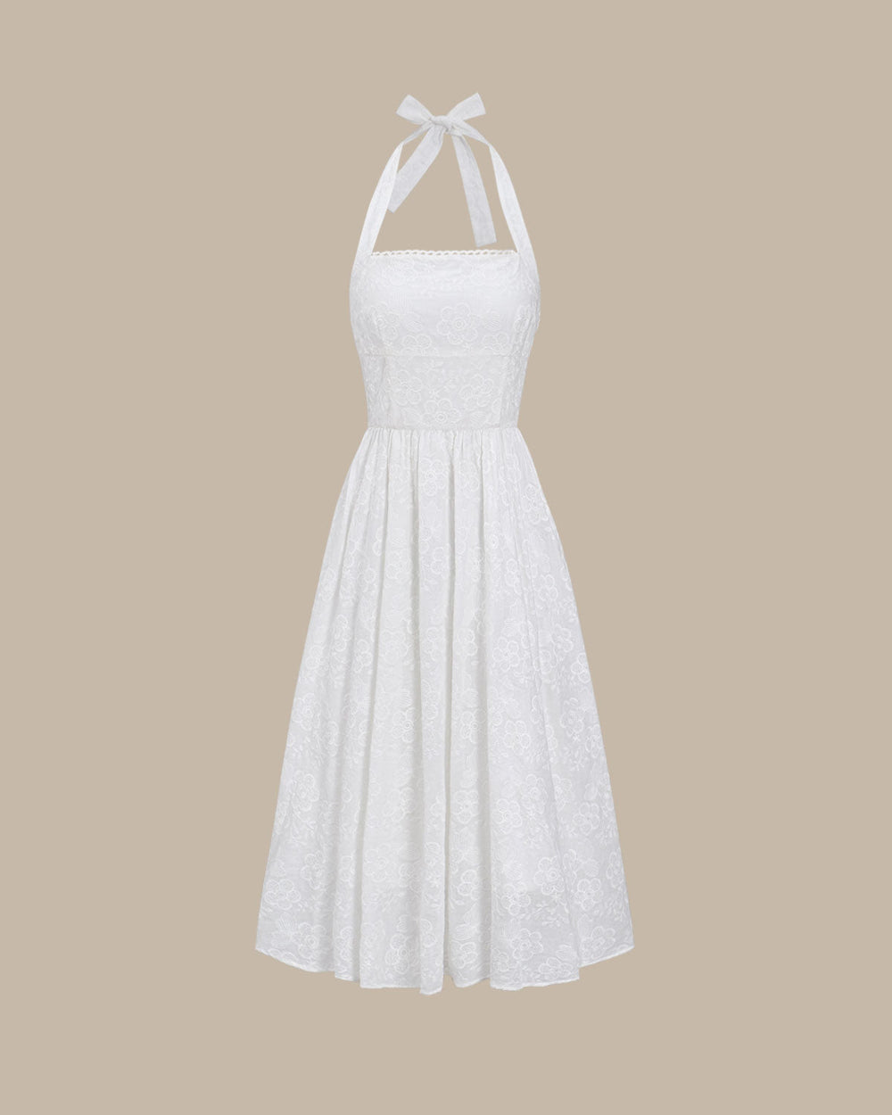 White Embroidery Halter Midi Dress | Rihoas