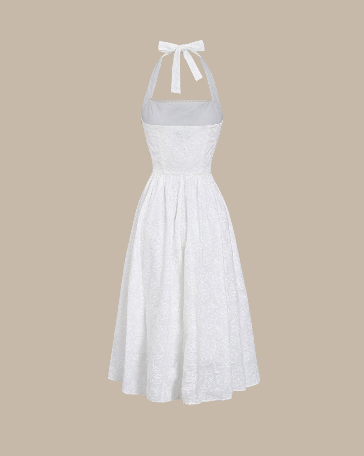 White Embroidery Halter Midi Dress | Rihoas