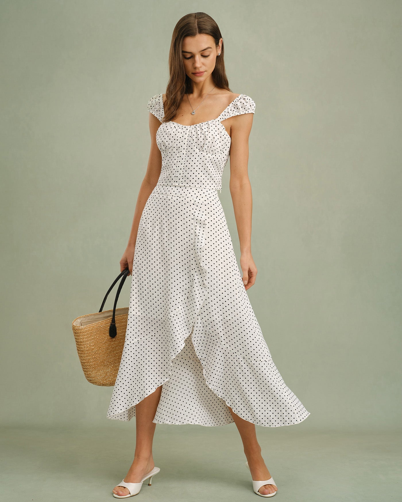 White Sweetheart Neck Polka Dot Tank Top | Rihoas