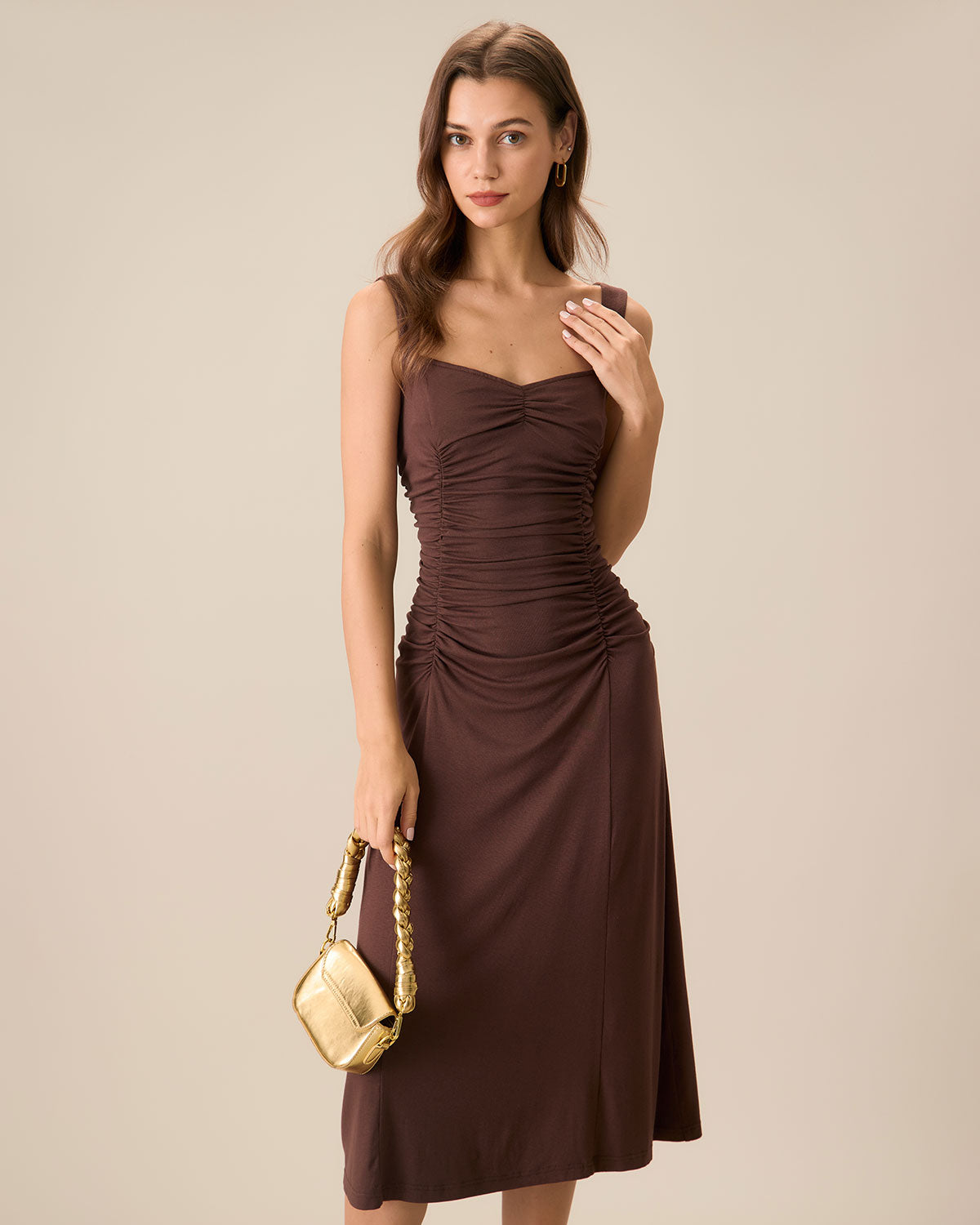 Women's Coffee Ruched Knitted Slip Midi Dress | Rihoas