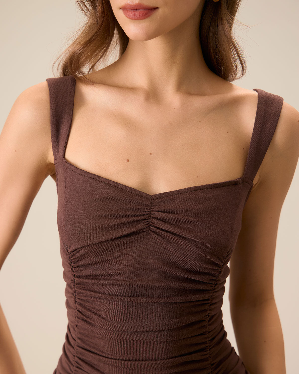 Women's Coffee Ruched Knitted Slip Midi Dress | Rihoas