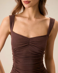Women's Coffee Ruched Knitted Slip Midi Dress | Rihoas