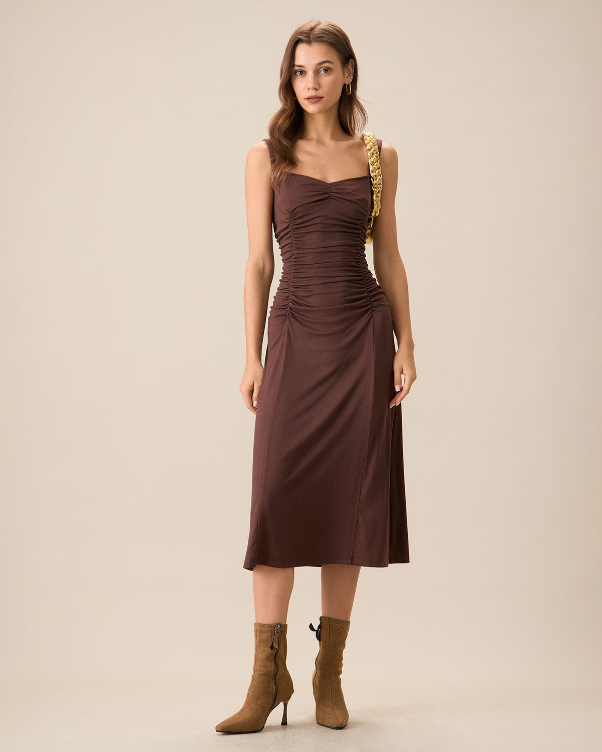 Women's Coffee Ruched Knitted Slip Midi Dress | Rihoas