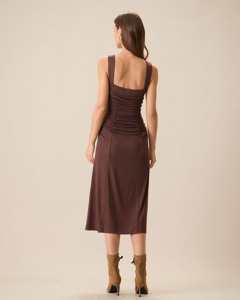 Women's Coffee Ruched Knitted Slip Midi Dress | Rihoas