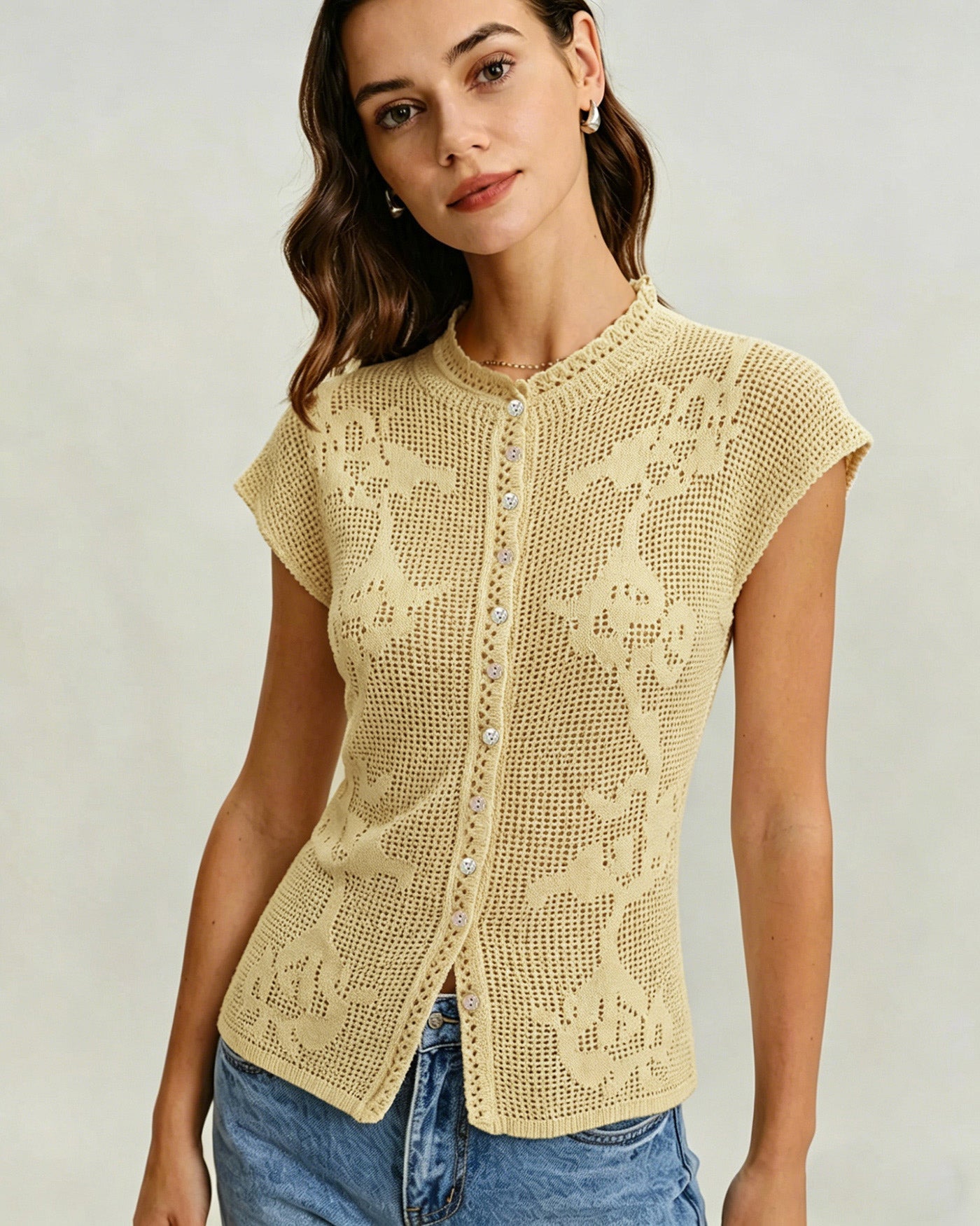 Yellow Turtle See Through Knit Cardigan | Rihoas