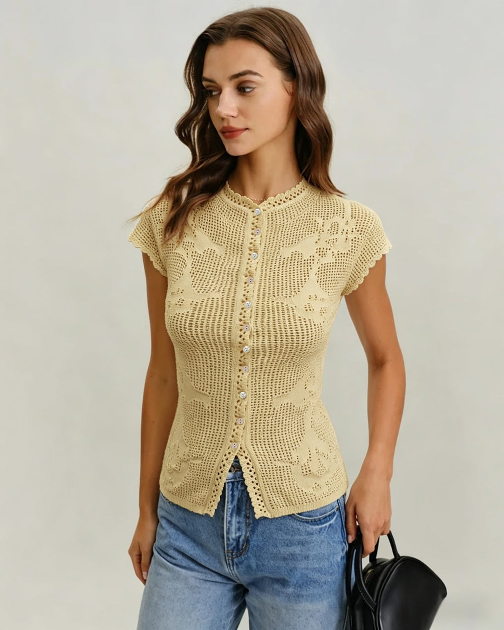 Yellow Turtle See Through Knit Cardigan | Rihoas