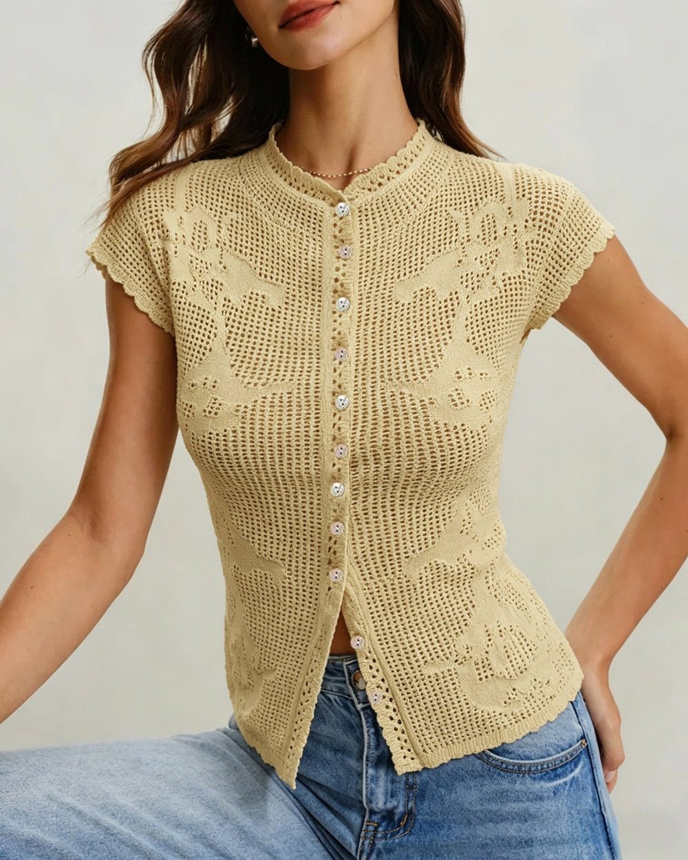 Yellow Turtle See Through Knit Cardigan | Rihoas