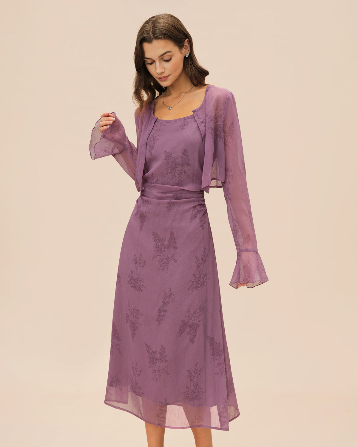 Purple Floral Ruched Slip Midi Dress | Rihoas