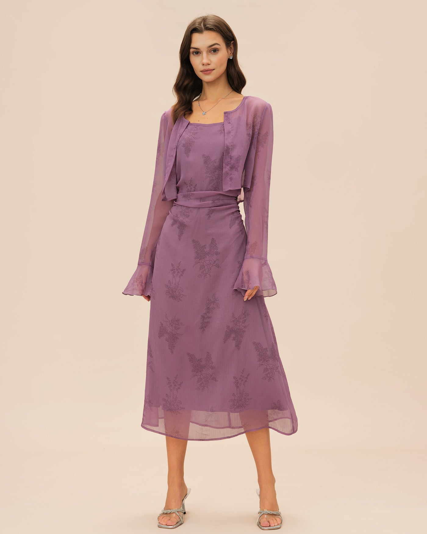 Purple Floral Ruched Slip Midi Dress | Rihoas
