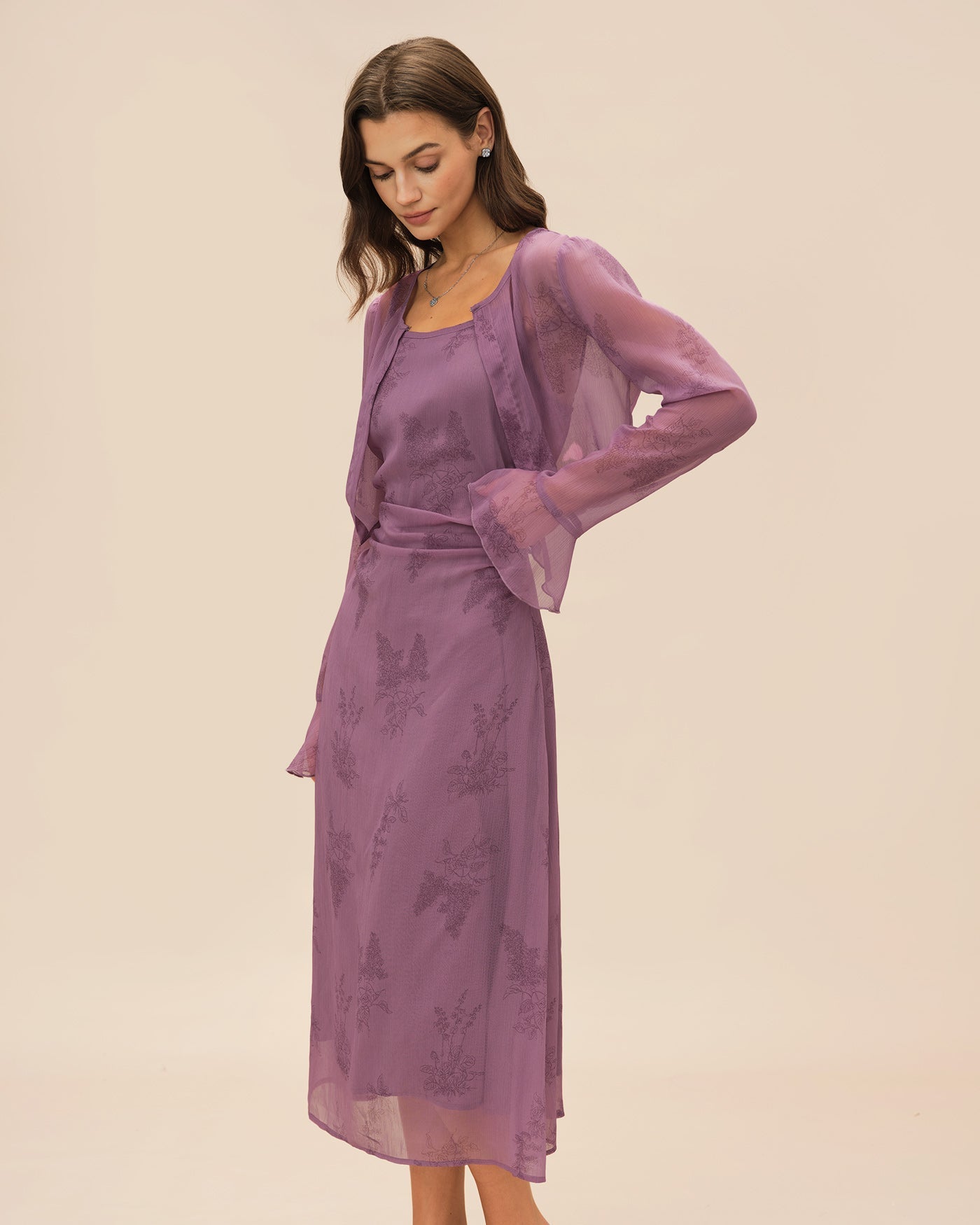 Purple Floral Ruched Slip Midi Dress | Rihoas
