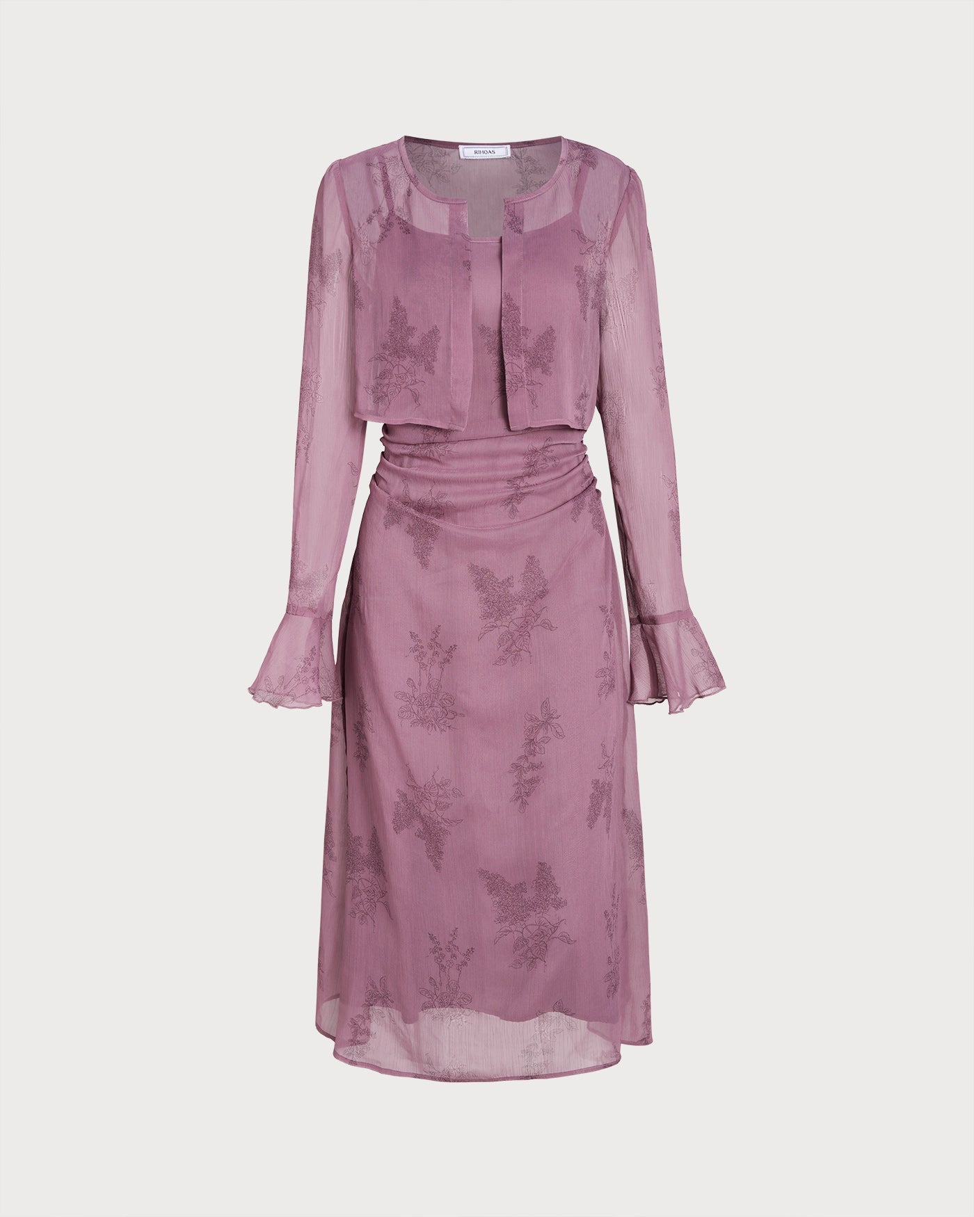 Purple Floral Ruched Slip Midi Dress | Rihoas