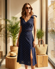 Navy Polka Dot Slit Midi Skirt | Rihoas