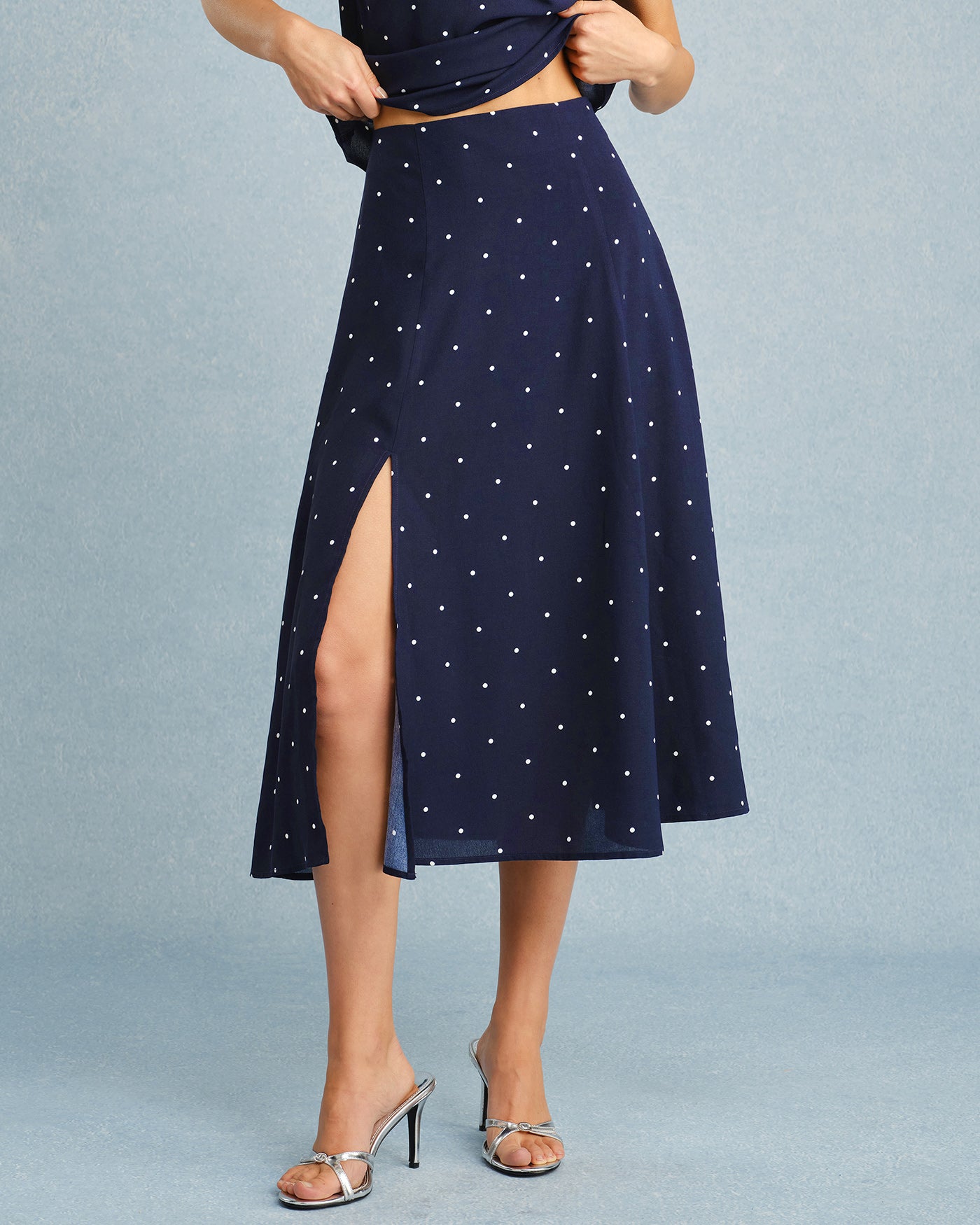 Navy Polka Dot Slit Midi Skirt | Rihoas