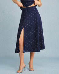 Navy Polka Dot Slit Midi Skirt | Rihoas