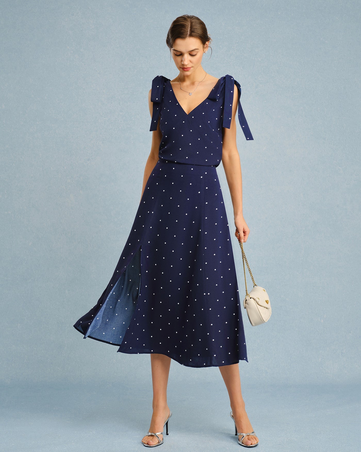 Navy Polka Dot Slit Midi Skirt | Rihoas