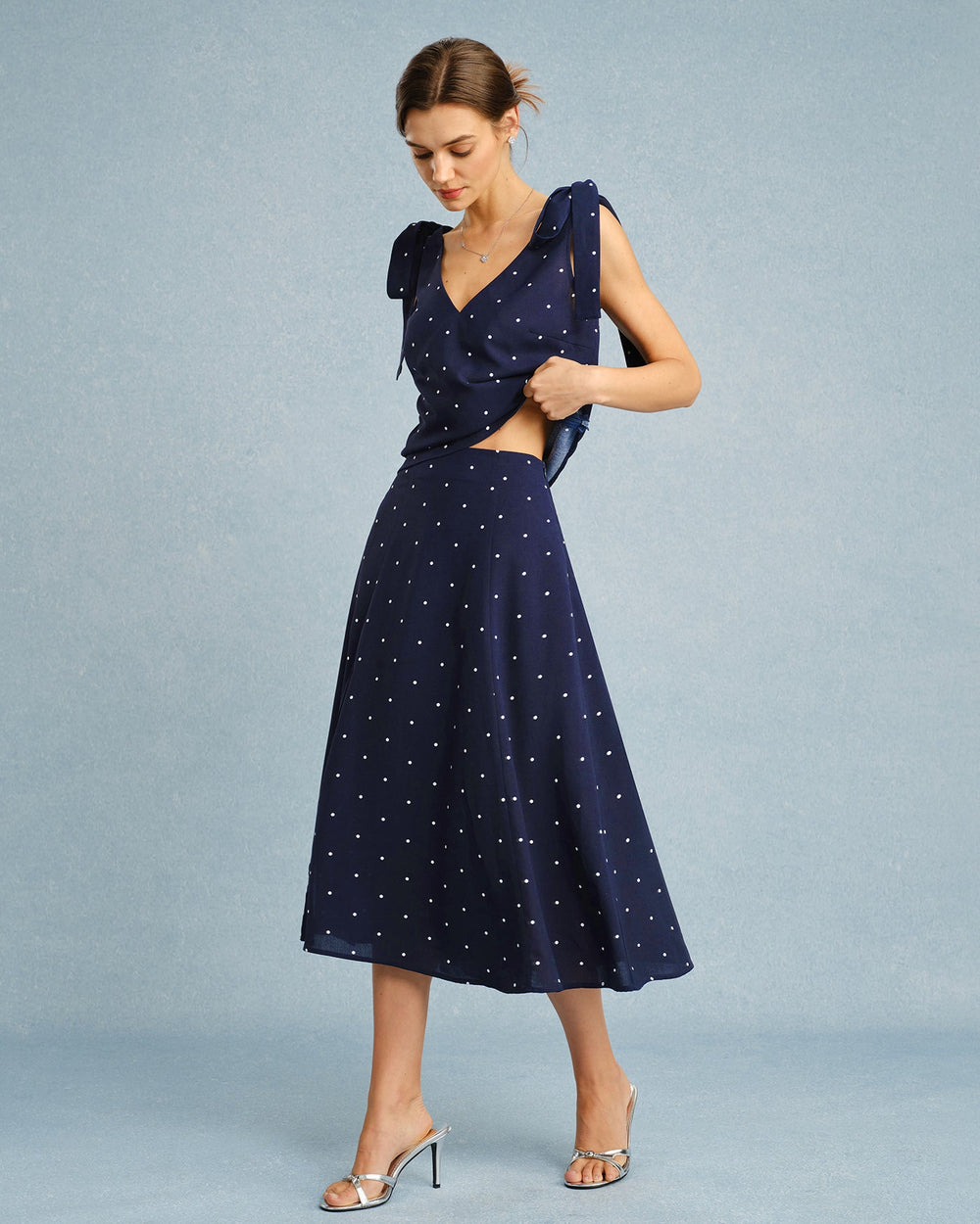 Navy Polka Dot Slit Midi Skirt | Rihoas