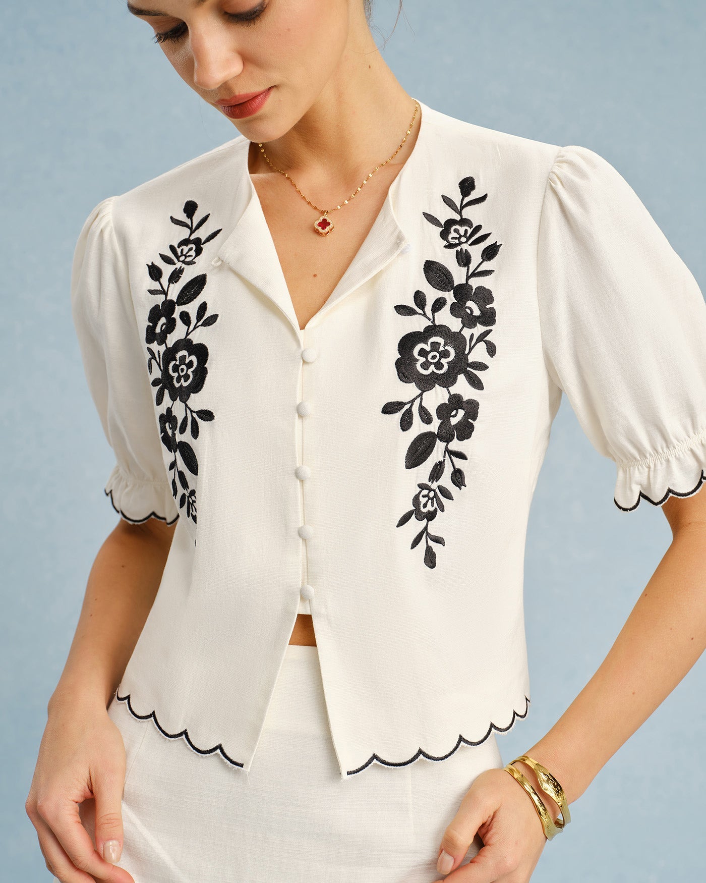 Beige Puffed Sleeve Embroidery Contrasting Blouse | Rihoas