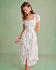 White Square Neck X Cross Midi Dress | Rihoas