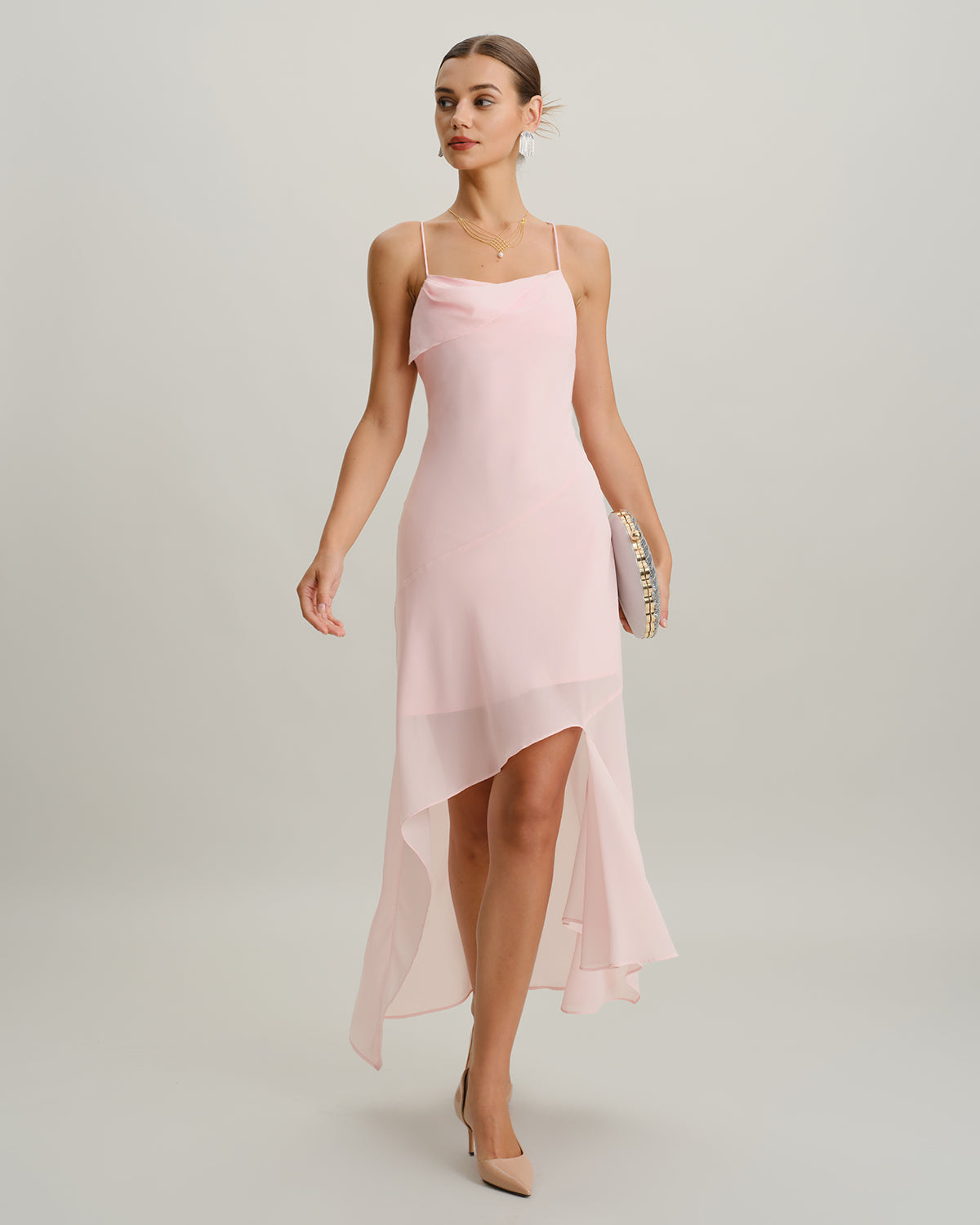 Pink Chiffon A-Line Slip Midi Dress | Rihoas