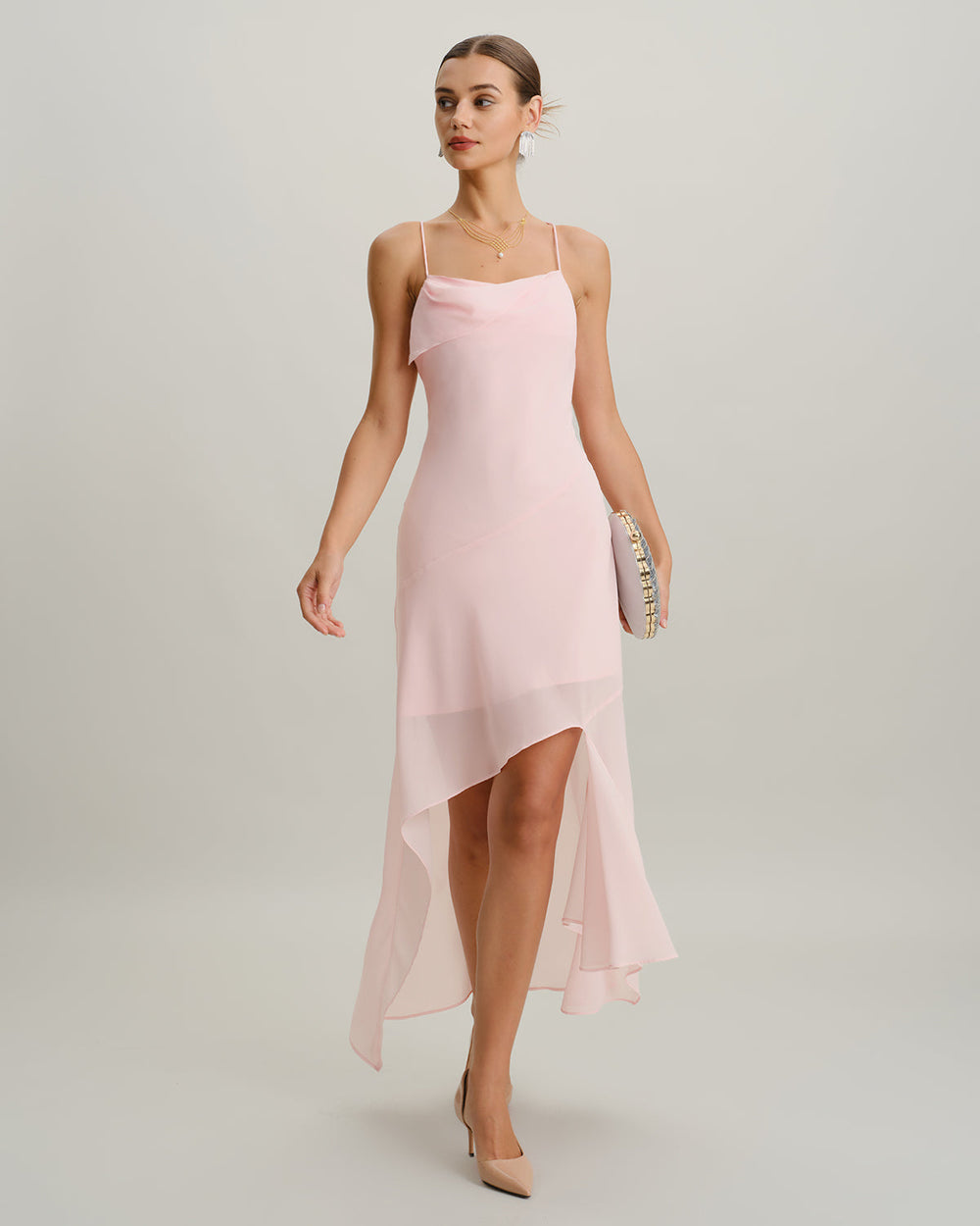Pink Chiffon A-Line Slip Midi Dress | Rihoas