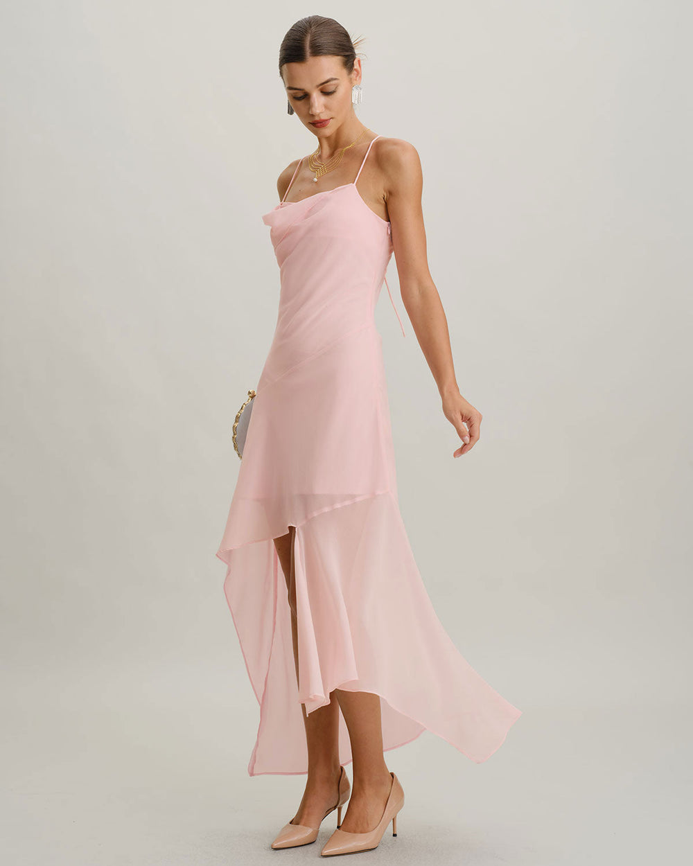 Pink Chiffon A-Line Slip Midi Dress | Rihoas
