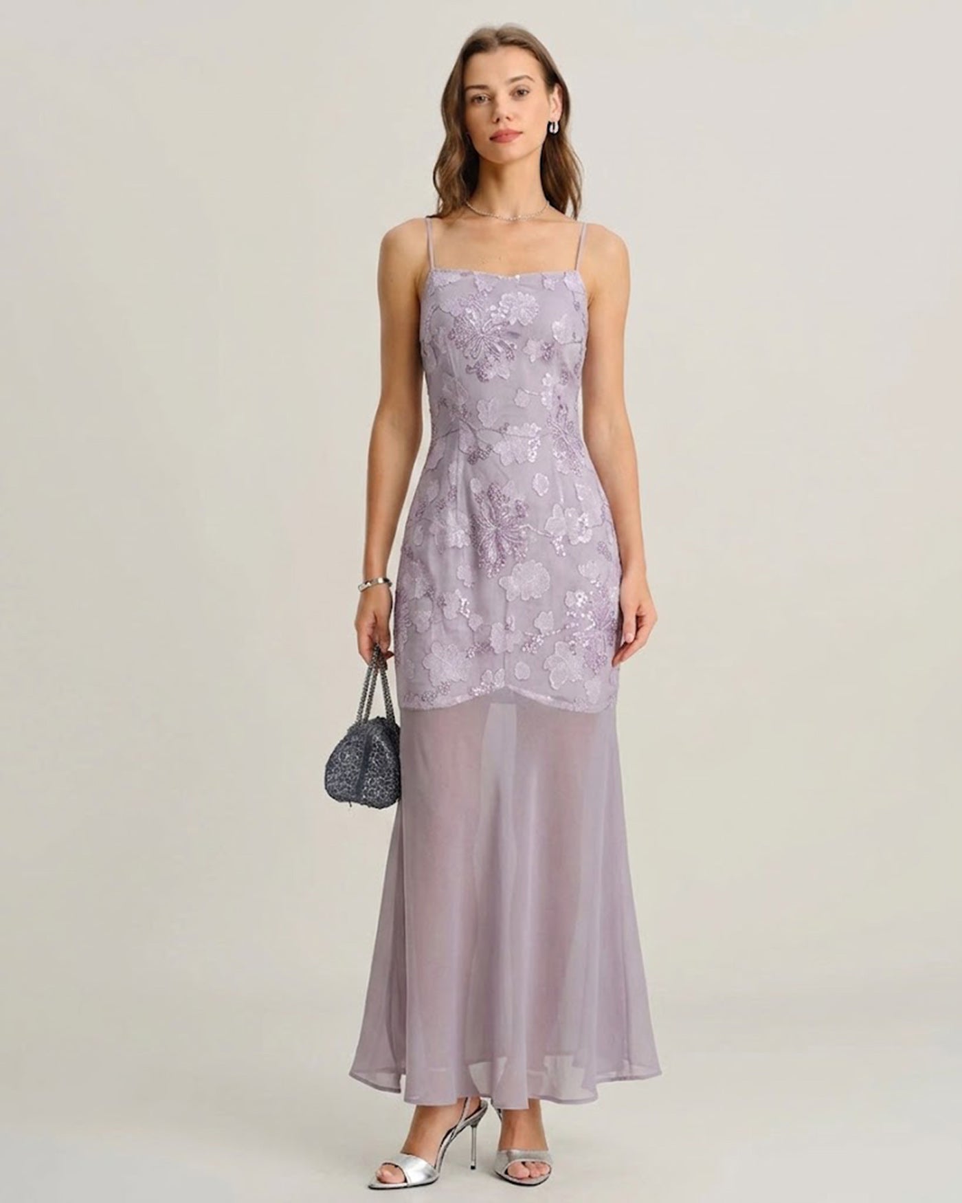Purple Sequins Jacquard Slip Maxi Dress | Rihoas