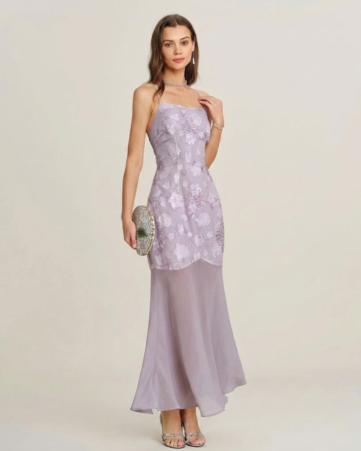 Purple Sequins Jacquard Slip Maxi Dress | Rihoas