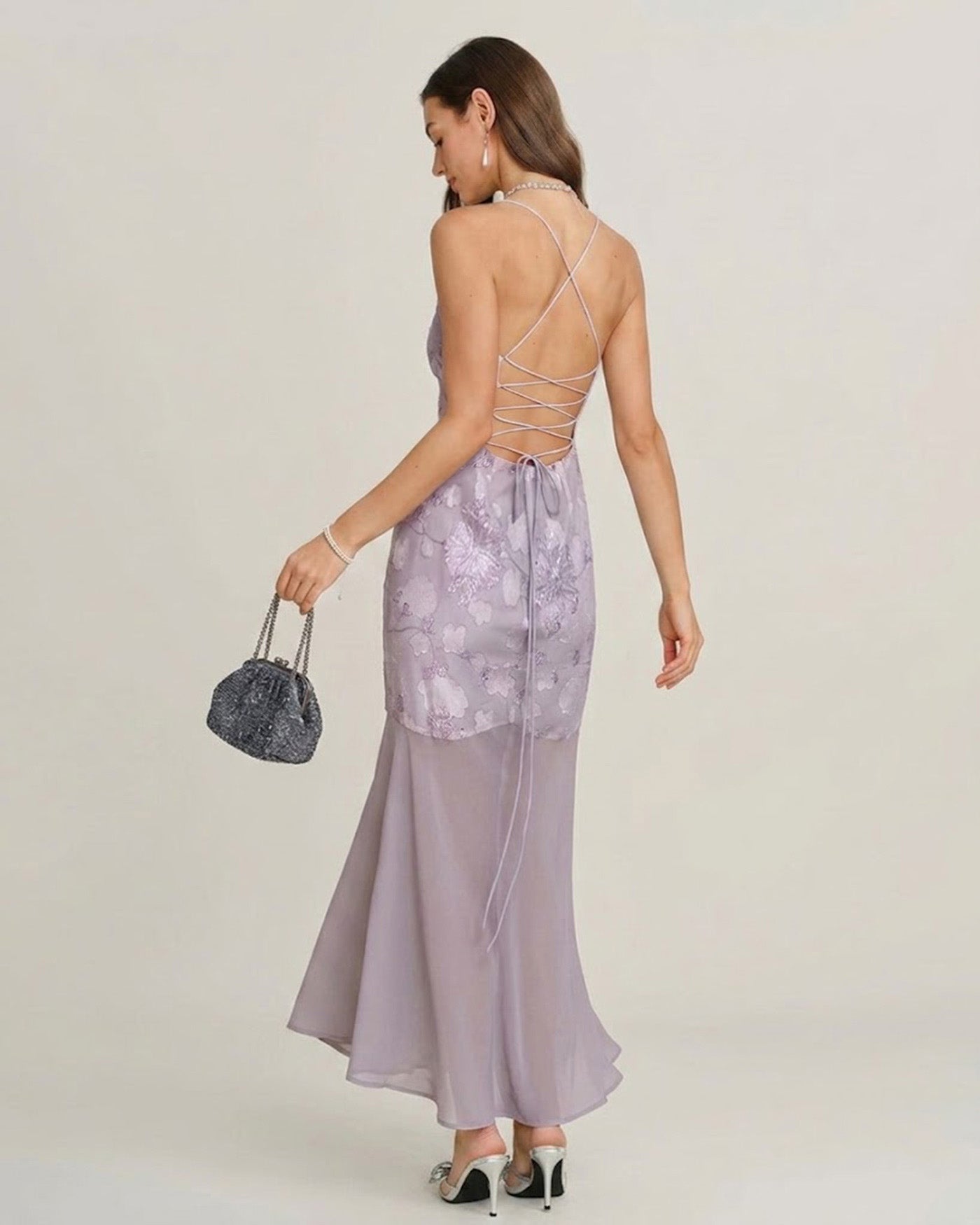 Purple Sequins Jacquard Slip Maxi Dress | Rihoas