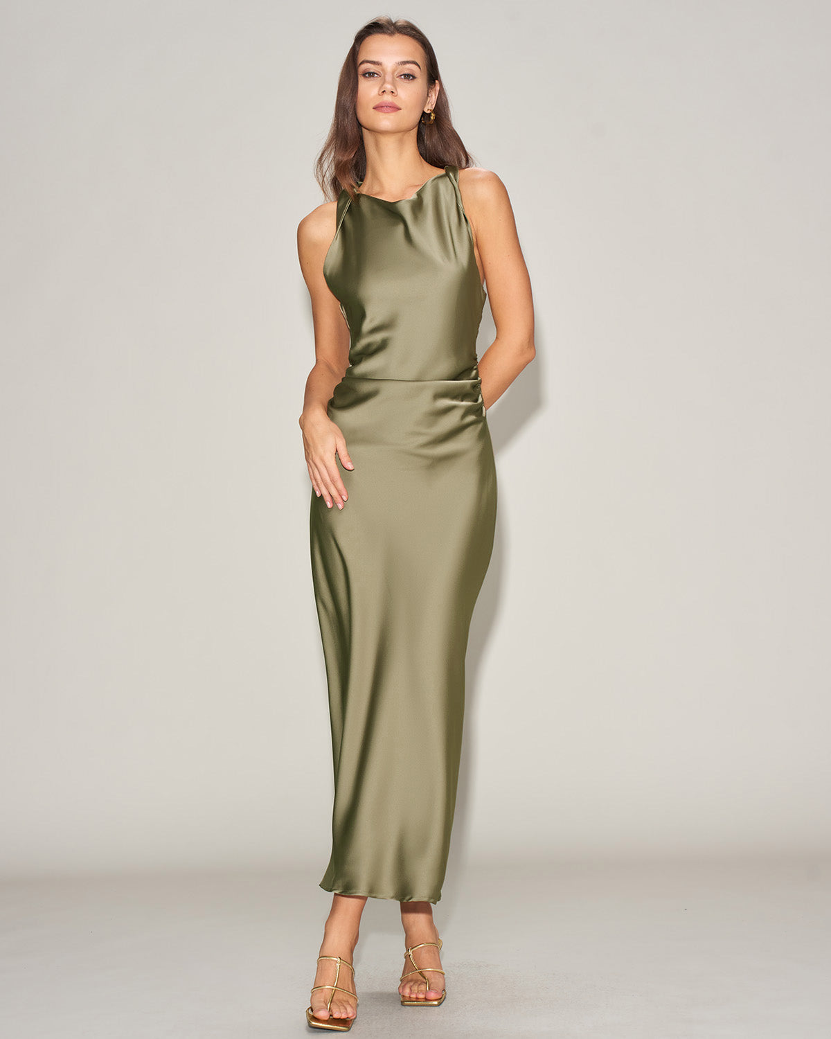 Green Satin Boat Neck Slip Midi Dress | Rihoas