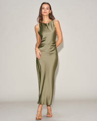 Green Satin Boat Neck Slip Midi Dress | Rihoas