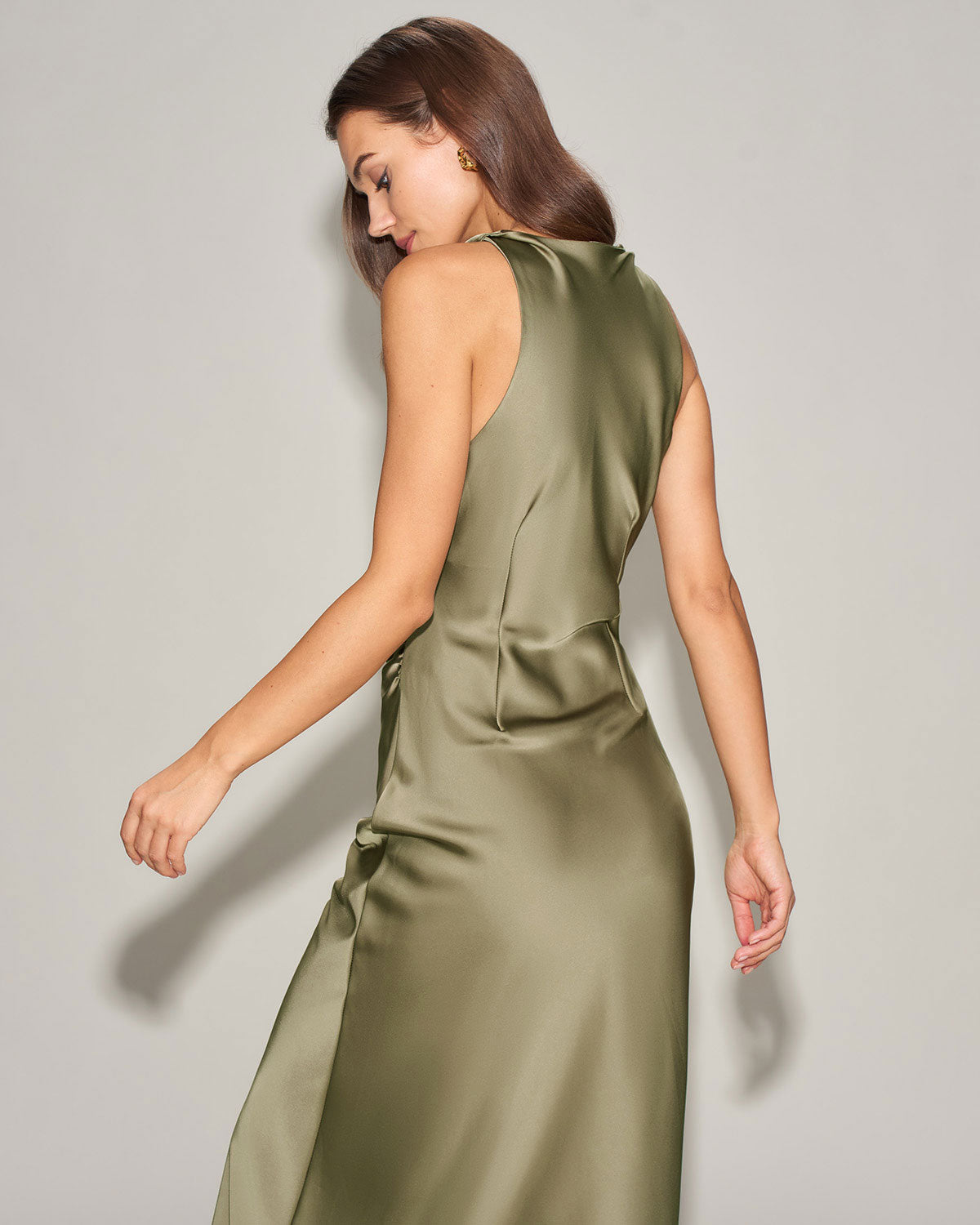 Green Satin Boat Neck Slip Midi Dress | Rihoas