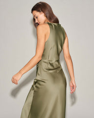 Green Satin Boat Neck Slip Midi Dress | Rihoas