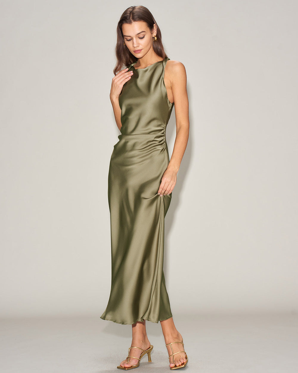 Green Satin Boat Neck Slip Midi Dress | Rihoas