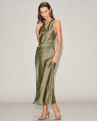 Green Satin Boat Neck Slip Midi Dress | Rihoas