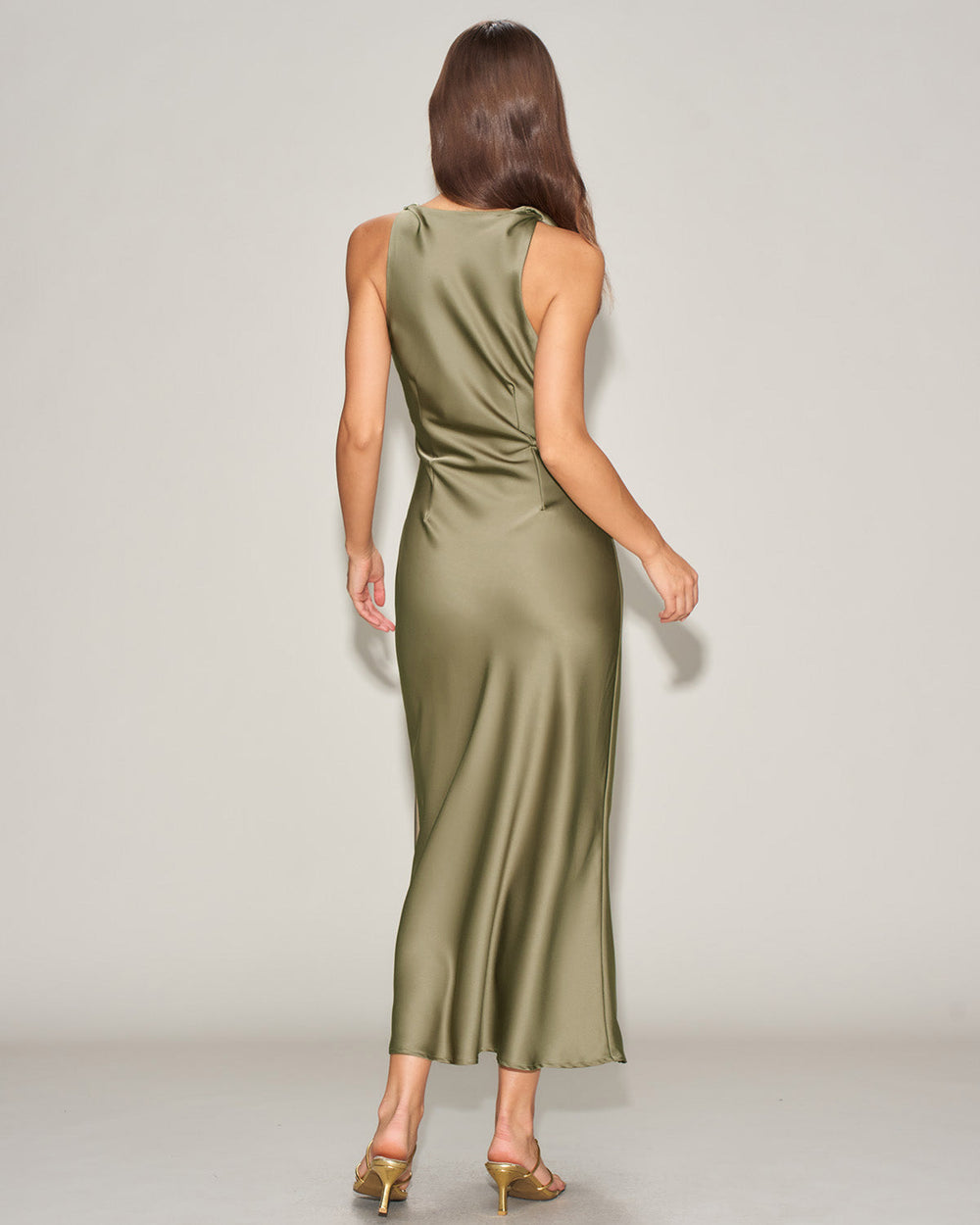 Green Satin Boat Neck Slip Midi Dress | Rihoas