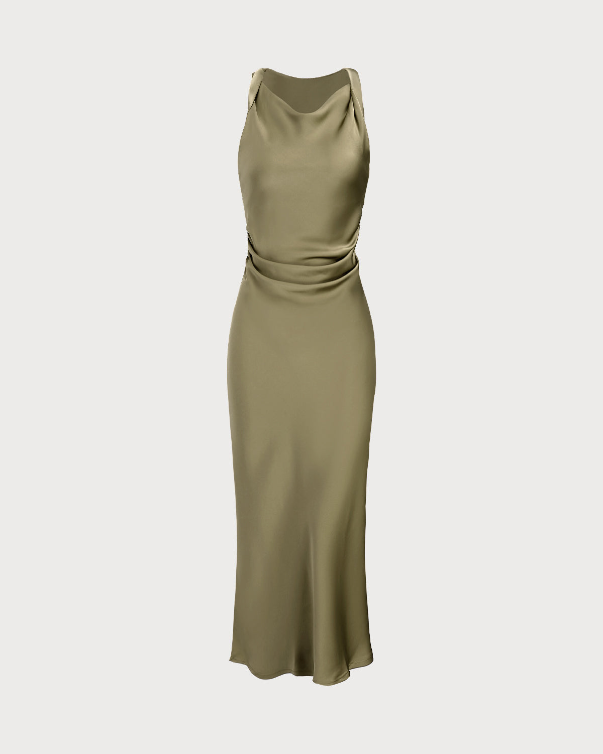 Green Satin Boat Neck Slip Midi Dress | Rihoas