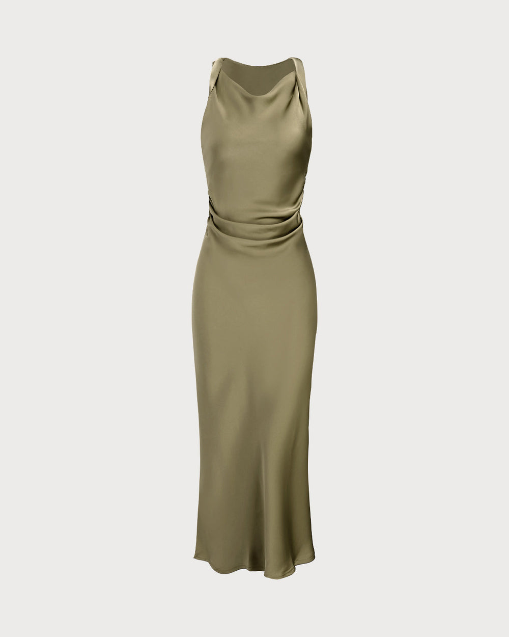 Green Satin Boat Neck Slip Midi Dress | Rihoas