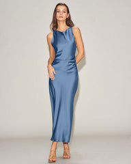 Blue Satin Boat Neck Slip Midi Dress | Rihoas