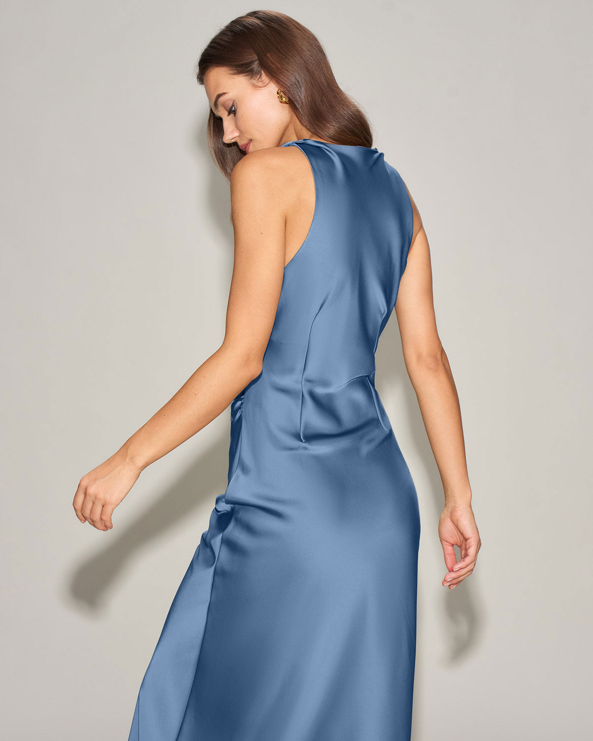 Blue Satin Boat Neck Slip Midi Dress | Rihoas