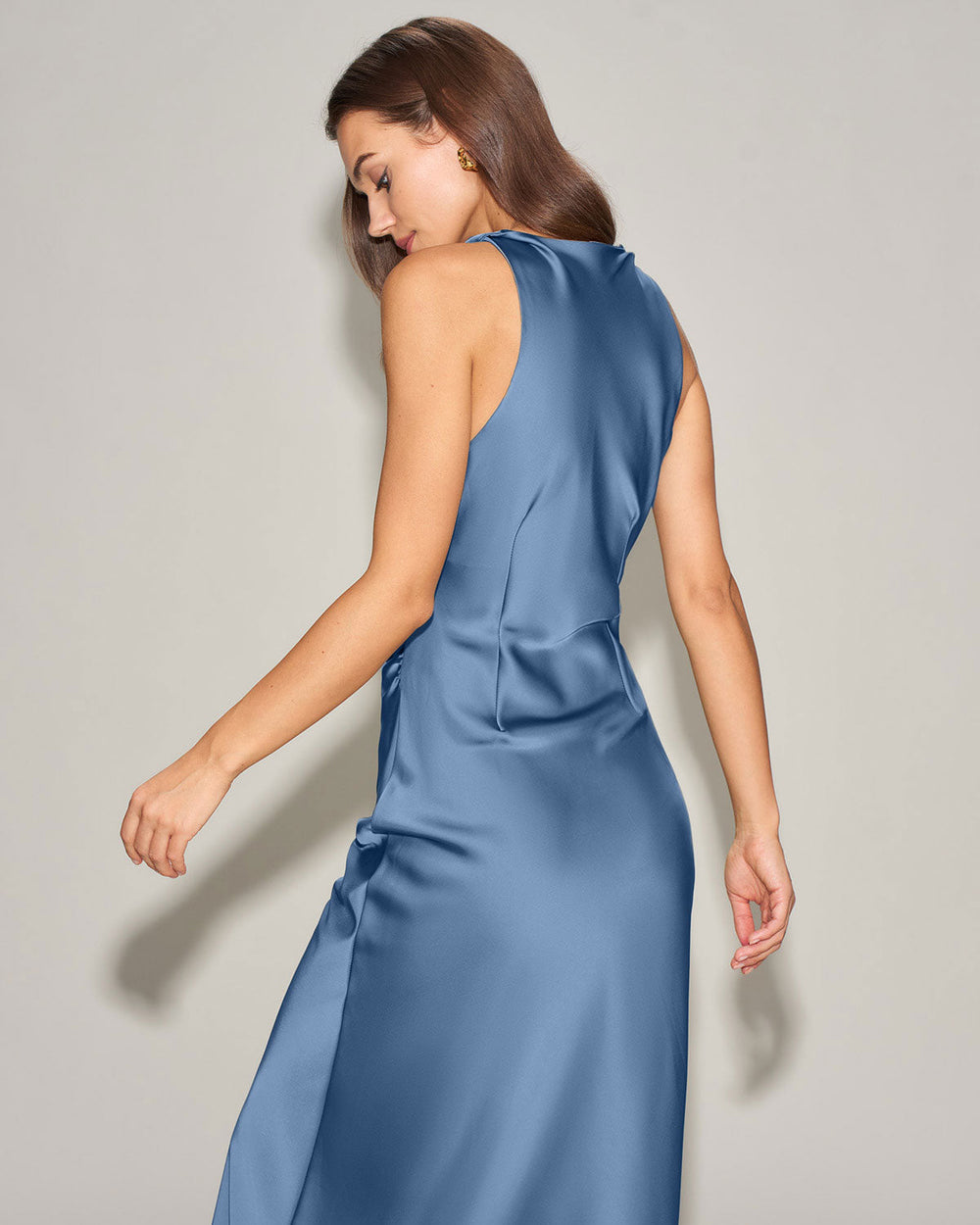 Blue Satin Boat Neck Slip Midi Dress | Rihoas